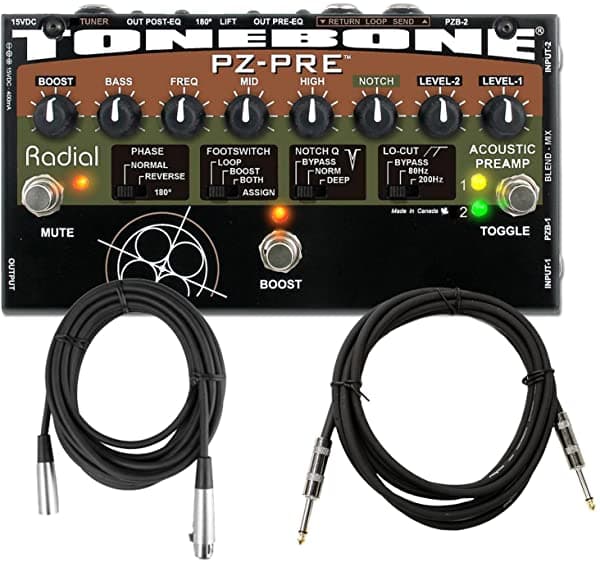 Radial Tonebone PZ-Pre Preamplificador de Instrumento Pedal DI con 2 Cables R8007085 BUNDLE