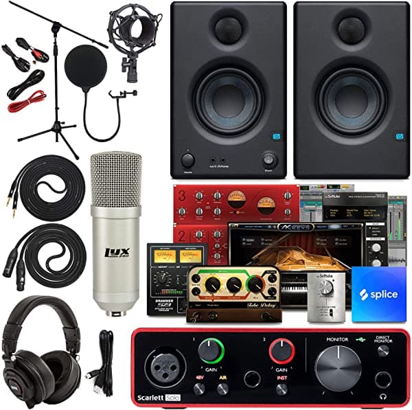 Focusrite Scarlett Solo 2X2 Interfaz De Audio Usb Completo Paquete De Estudio Con Kit De Software De Producción De Música Creativa Y Eris 4.5 Pares De Monitores De Estudio Y Cables De Instrumento De 1/4 Pulgadas