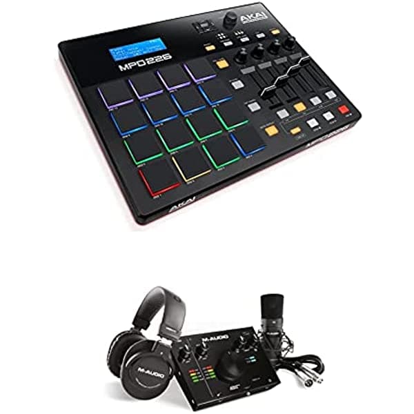Paquete de Estudio de Grabación Akai Professional MPD226 Beat Maker USB MIDI, M-Audio AIR 192|4 Interfaz de Audio, Micrófono XLR y Auriculares