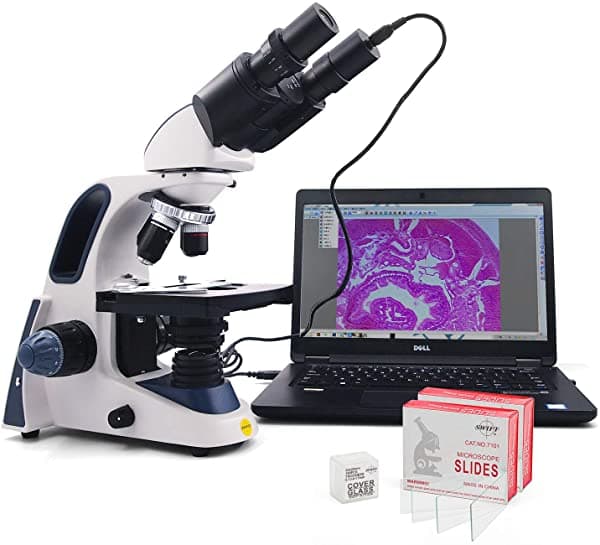 Swift SW380B 40X-2500X Microscopio de Laboratorio Compuesto Binocular de Grado de Investigación Platina Mecánica con Cámara de 5.0 MP y Software Compatible con Windows/Mac y 100 Portaobjetos en Blanco SW380B-EP5R-BSC