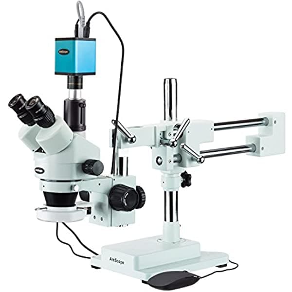 AmScope SM-4TZ-144S-AF1 Microscopio Estéreo Trinocular 3.5X-90X, Aro de Luz de 144 LED y Cámara con Enfoque Automático