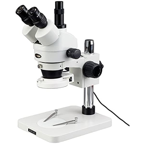 AmScope SM-1TSZ-144S Microscopio Trinocular Profesional con Zoom, Oculares Estéreo WH10X, Zoom de Aumento 35X-90X, Lente 0.7X-4.5X, Aro de Luz de 144 LED, Soporte de Pilar, 110V-240V, Incluye Lente Barlow 0.5X y 2.0X