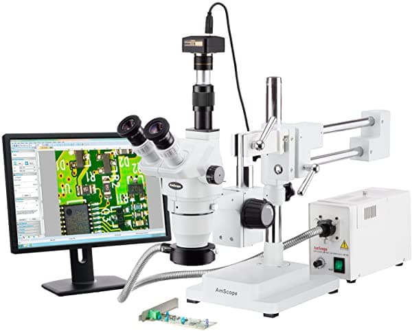 AmScope ZM-4TW3-FOR-3M Microscopio Estéreo Trinocular Profesional con Zoom Digital, Oculares EW10X y EW25X, 2X-225X Aumentos, Lente de Zoom 0.67X-4.5X, Aro de Luz de Fibra Óptica, Soporte de Brazo Boom, 110V-120V, Incluye Barlow 0.3X y 2.0X, Cámara de 3MP con Lente de Reducción y Software
