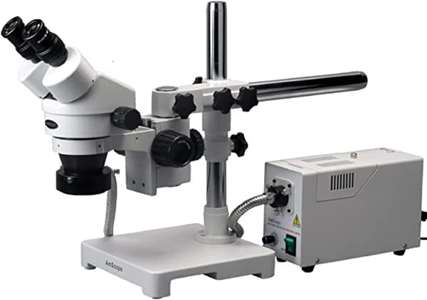 AmScope SM-3B-FOR Microscopio Estéreo Binocular Profesional con Zoom, Oculares WH10X, Zoom de Aumento 7X-45X, Lente 0.7X-4.5X, Aro de Luz de Fibra Óptica, Soporte de Brazo Boom de Un Brazo, 110V-120V