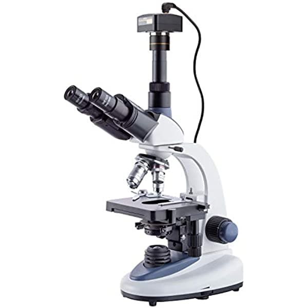 AmScope T380C-3M Microscopio Trinocular Compuesto Digital Profesional 40X-2500X Aumentos, Oculares WF10X y WF25X, Iluminación de Campo Claro LED, Condensador Abbe, Platina Mecánica de Doble Capa, Fuente de Alimentación 85-265V de Voltaje Amplio, Incluye Cámara de 3MP con Lente de Reducción y Software