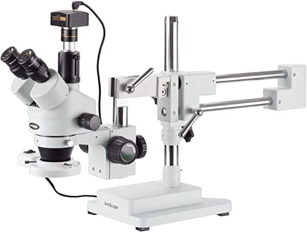 AmScope SM-4TZ-FRL-5M Microscopio Estéreo Trinocular Profesional con Zoom Digital, Oculares WH10X, Zoom de Aumento 35X-90X, Lente 0.7X-4.5X, Aro de Luz Fluorescente de 8W, Soporte de Brazo Boom Doble, 110V-120V, Incluye Lente Barlow 0.5X y 2.0X y Cámara de 5MP con Lente de Reducción y Software