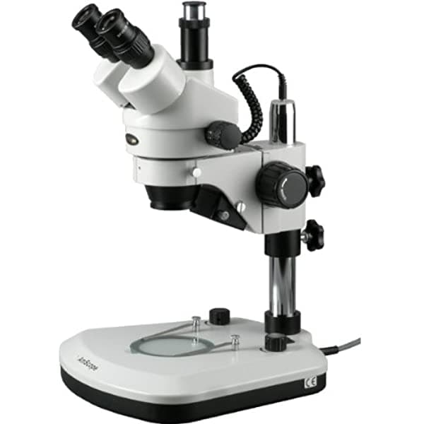 AmScope SM-1TZ-PL-5M Microscopio Trinocular Profesional con Zoom Digital, Oculares Estéreo WH10X, Zoom de Aumento 35X-90X, Lente 0.7X-4.5X, Iluminación LED Superior e Inferior, Soporte de Mesa Tipo Pilar Grande, Incluye Lente Barlow 0.5X y 2.0X y Cámara de 5MP con Lente de Reducción y Software