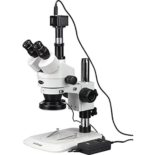 AmScope SM-1TNX-144-M Microscopio Trinocular Profesional con Zoom Digital, Oculares Estéreo WH10X, Zoom de Aumento 35X-45X, Lente 0.7X-4.5X, Aro de Luz de 144 LED, Soporte de Pilar, 110V-240V, Incluye Cámara de 13MP con Lente de Reducción de 0.5X, Lente Barlow y Software