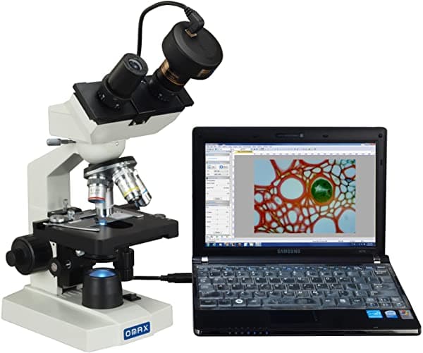 OMAX XM82ESC20C 40X-2000X Microscopio Compuesto Binocular Digital LED de Laboratorio con Platina Mecánica de Doble Capa y Cámara Digital USB de 2.0MP