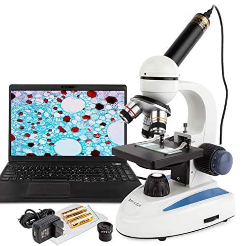Amscope Microscopio De Cristal De Metal Para Estudiante 40X-1000X + Cámara Digital Usb De 2 Mp M158C-E2