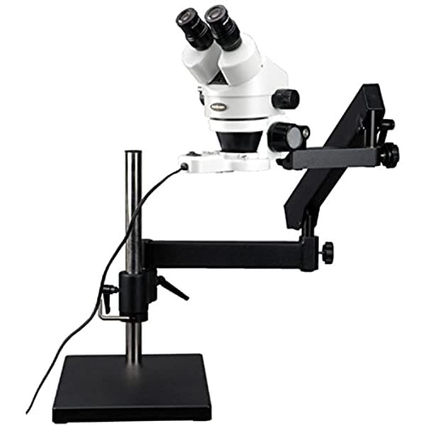 AmScope SM-7B-FRL Microscopio Estéreo Binocular Profesional con Zoom, Oculares WH10X, 7X-45X Aumentos, Lente de Zoom 0.7X-4.5X, Aro de Luz de Color Fluorescente de 8W, Soporte de Brazo Boom Articulado, 110V-120V