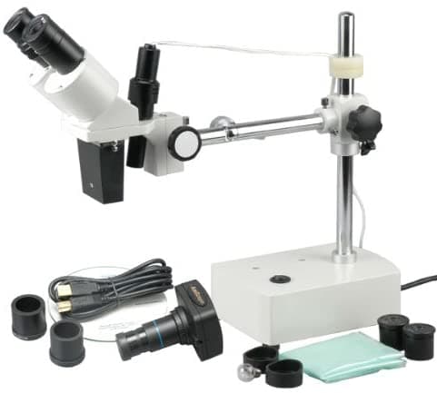 AmScope SE401Z-5M Microscopio Estéreo Binocular Digital Profesional Oculares WF10X y WF20X 10X y 20X Aumento Lente 1X Soporte de Brazo Boom Cuello de Cisne Iluminación LED 110V-120V Incluye Cámara de 5 MP con Lente de Reducción y Software