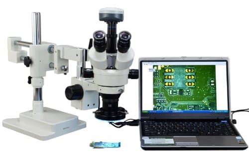 OMAX 2X-90X Microscopio Estéreo Trinocular Digital con Zoom en Soporte de Brazo Boom de Doble Barra con Cámara USB de 9.0 MP y Aro de Luz de 144 LED con Caja de Control de Luz W43C2-D3-L144L-C90
