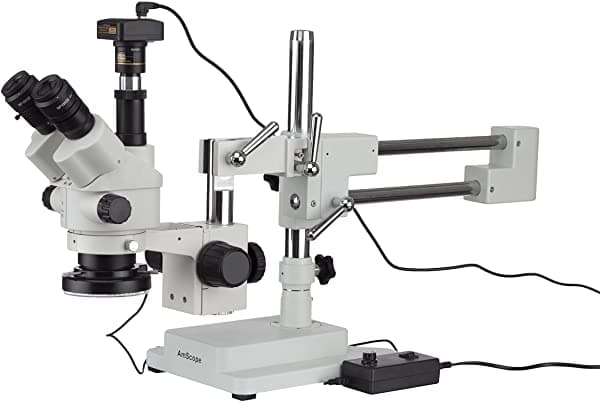 AmScope 35X-45X Microscopio Estéreo con Zoom Simul-Focal en Soporte de Brazo Boom con Aro de Luz y Cámara de 5 MP SM-4NTPX-144-5M