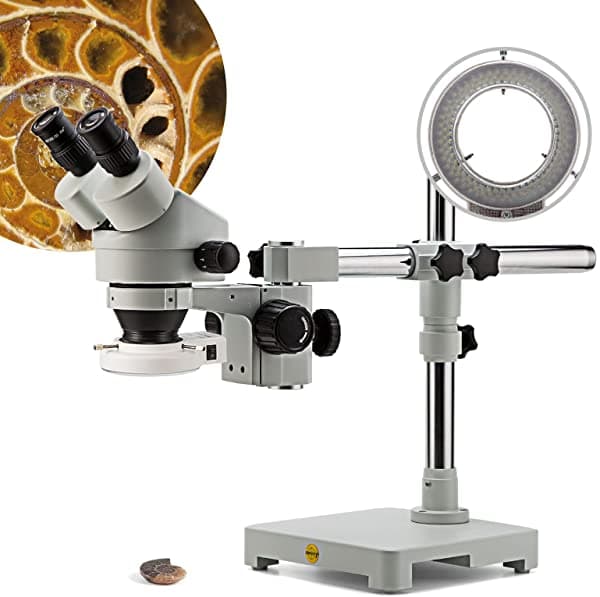 Swift S7-B520-144 35X-90X Binocular Stereo Dissection Microscope Wf10X Eyepieces 0.7X-4.5X Objetivo Poder 0.5X 2.0X Objetivos Adicionales Lentes 144-Bulbos Led Ring Light Single-Arm Boom Stand BF01011