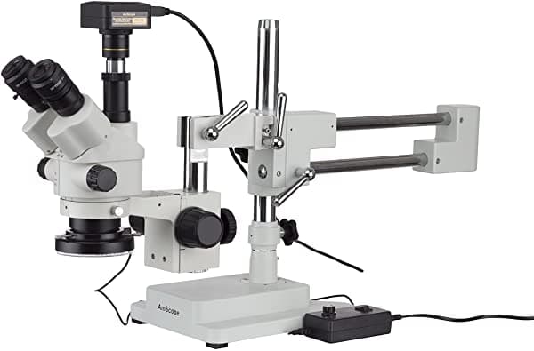 AmScope Microscopio Estéreo con Zoom Simul-Focal 3.5X-180X en Soporte de Brazo Boom con Luz LED y Cámara USB3 de 16 MP SM-4NTPZZ-144-16M3