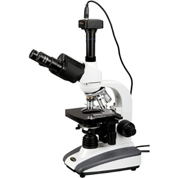 AmScope T360B-10M Microscopio Trinocular Compuesto Digital 40X-2000X Aumentos WF10X y WF20X Oculares Iluminación LED de Campo Claro Condensador Abbe de Doble Capa Platina Mecánica Incluye Cámara de 10 MP con Lente de Reducción y Software