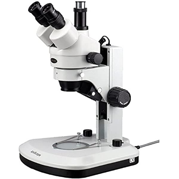 AmScope SM-1TY-RL Microscopio Estéreo Trinocular Profesional con Zoom Oculares WH10X 7X-90X Zoom de Aumento 0.7X-4.5X Lente Iluminación LED Superior e Inferior Soporte de Riel 110V-120V Incluye Lente Barlow 2.0X