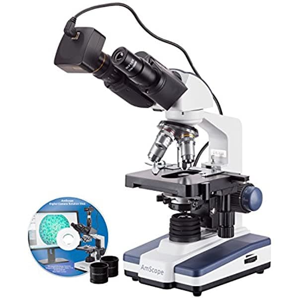AmScope B120B-5M Microscopio Compuesto Binocular Digital Siedentopf 40X-2000X Aumento Iluminación LED de Campo Claro Condensador Abbe de Doble Capa Platina Mecánica Incluye Cámara de 5 MP con Lente de Reducción y Software