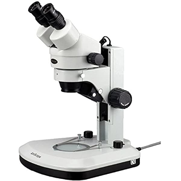 AmScope SM-1B-RL Microscopio Estéreo Binocular Profesional con Zoom Oculares WH10X 7X-45X Aumento Lente con Zoom 0.7X-4.5X Luz LED Soporte de Riel Superior e Inferior 110V-120V