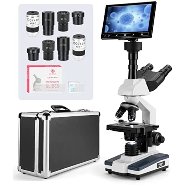 Vabiooth VB-M002-G Microscopio Trinocular Compuesto de Laboratorio 40X-2500X de Aumento con Pantalla LCD de 7 Pulgadas Ocular Electrónico de 5 MP Platina Mecánica de Doble Capa para Cría de Animales Hospitales de Mascotas Laboratorio Granjas