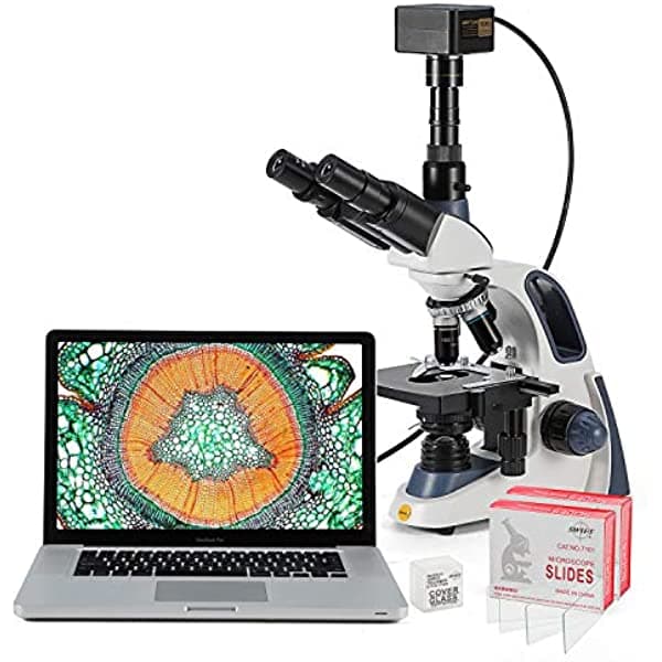 Swift SW380T Microscopio Trinocular Compuesto Aumento 40X-2500X Cabezal Siedentopf Platina Mecánica de Doble Capa con Cámara de 5.0 MP y Software Compatible con Windows/Mac y 100 Portaobjetos en Blanco SW380T-SC1803-CK-BSC