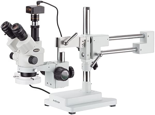 AmScope Microscopio Estéreo con Zoom Simul-Focal 7X-45X en Soporte de Brazo Boom con Luz Fluorescente y Cámara de 10 MP SM-4NTP-FRL-10M