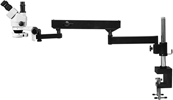 Vision Scientific VS-8F-IFR07 Microscopio Estéreo con Zoom Trinocular, 10 oculares WF, rango de ampliación 7X-45X, soporte de abrazadera de brazo articulado, control de intensidad de luz anular de 144 LED