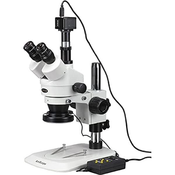 AmScope SM-1TNZ-144A-5M Microscopio Estéreo con Zoom Trinocular Digital Profesional, oculares WH10X, 35X-90X, zoom de aumento 0.7X-4.5X, lente con anillo de luz LED de cuatro zonas, soporte de pilar 110V-240V, incluye lente Barlow 0.5X y 2.0X y cámara de 5 MP con lente de reducción y software
