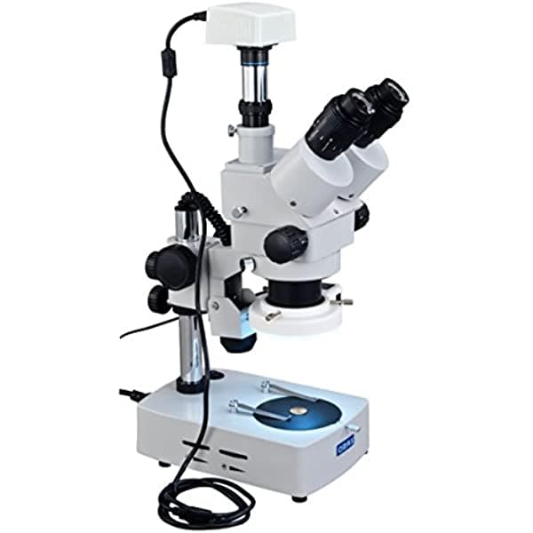 OMAX 3.5X-90X Microscopio Estéreo Trinocular Digital con soporte de mesa, cámara digital USB de 1.3 MP, luces duales y luz anular adicional de 54 LED XV434B54P10