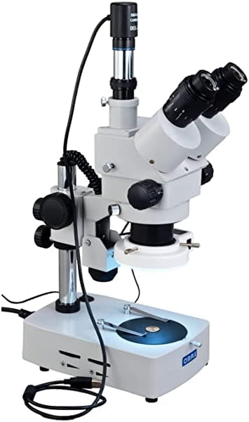 OMAX 3.5X-90X Microscopio Estéreo Trinocular Digital con soporte de mesa, cámara digital USB, luces duales y luz anular adicional de 54 LED