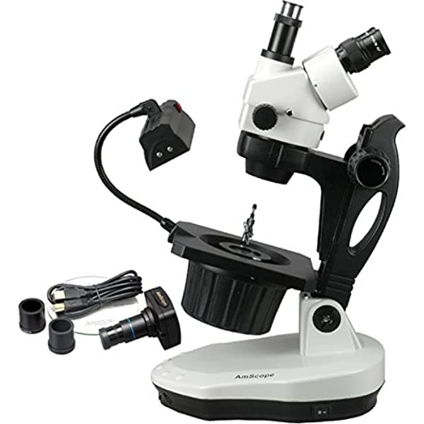 AmScope GM400TZ-M Microscopio de Gemología con Zoom Trinocular Digital, oculares estéreo WH10X, 35X-90X, zoom de aumento 0.7X-4.5X, lente con iluminación halógena y fluorescente, soporte de pilar inclinado 110V-120V, incluye lente Barlow 0.5X y 2.0X y cámara de 13 MP con lente de reducción y software