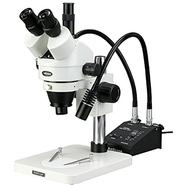 AmScope SM-1TSX-L6W Microscopio con Zoom Trinocular Profesional, oculares estéreo WH10X, 35X-45X, zoom de aumento 0.7X-4.5X, lente con luz LED de doble cuello de cisne de 6W, soporte de pilar 85V-265V, incluye lente Barlow 0.5X