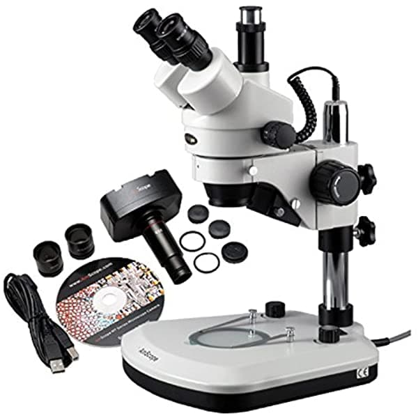 AmScope SM-1TZ-PL-10MA Microscopio con Zoom Trinocular Digital Profesional, oculares estéreo WH10X, 35X-90X, zoom de aumento 0.7X-4.5X, lente con iluminación LED superior e inferior, soporte de mesa tipo pilar grande, incluye cámara de 10 MP con lente de reducción 0.5X y lente Barlow 2.0X y software