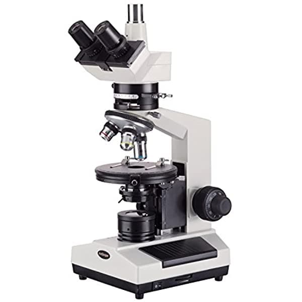 AmScope PZ200TA Microscopio Trinocular de Polarización, oculares WF10X y WF16X, ampliación 40X-640X, objetivos Plan acromáticos sin tensión, configuraciones de polarización y brightfield, iluminación halógena, lente de Bertrand, condensador Abbe, platina redonda graduada, 110V