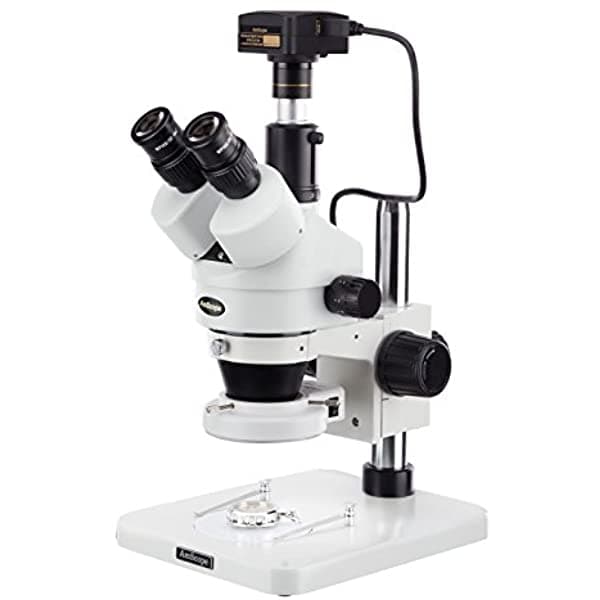 AmScope SM-1TS-144S-10M Microscopio Estéreo con Zoom Trinocular Digital Profesional, oculares WH10X, 7X-45X, ampliación 0.7X-4.5X, lente con anillo de luz LED de 144 bombillas, soporte de pilar 110V-240V, incluye cámara de 10 MP con lente de reducción y software