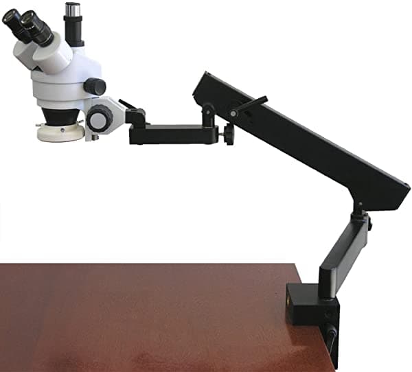 AmScope SM-6TZ-FRL Microscopio Estéreo con Zoom Trinocular Profesional, oculares WH10X, 35X-90X, zoom de aumento 0.7X-4.5X, lente con anillo de luz fluorescente de 8W, soporte de brazo articulado de sujeción, 110V-120V, incluye lente Barlow 0.5X y 2.0X