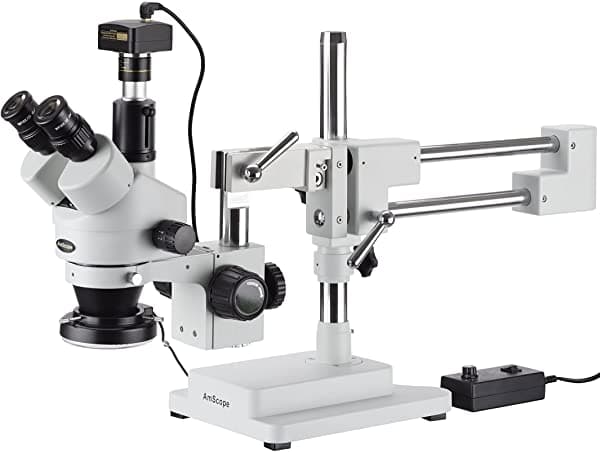Amscope Microscopio De Zoom Estéreo Simulfocal 7X-45X En Soporte De Brazo Doble Con Anillo De Luz Led De 144 Led Y Cámara De 10 Mp SM-4TP-144-10M