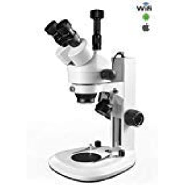 Vision Scientific Microscopio Estéreo Trinocular con Zoom, ocular de campo ancho 10X, rango de zoom 0.7X-4.5X, rango de ampliación 7X-45X, iluminación LED superior e inferior, soporte de pista, cámara digital WiFi de 5 MP VS-2F-5NS-WH