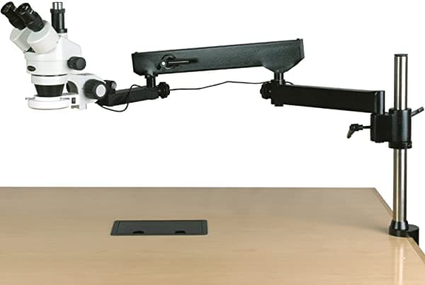 AmScope SM-8TZZ-144S Microscopio Estéreo con Zoom Trinocular Profesional, oculares WH10X y WH20X, 35X-180X, zoom de aumento 0.7X-4.5X, lente con anillo de luz LED de 144 bombillas, soporte de brazo boom articulado 110V-240V, incluye lente Barlow 0.5X y 2.0X