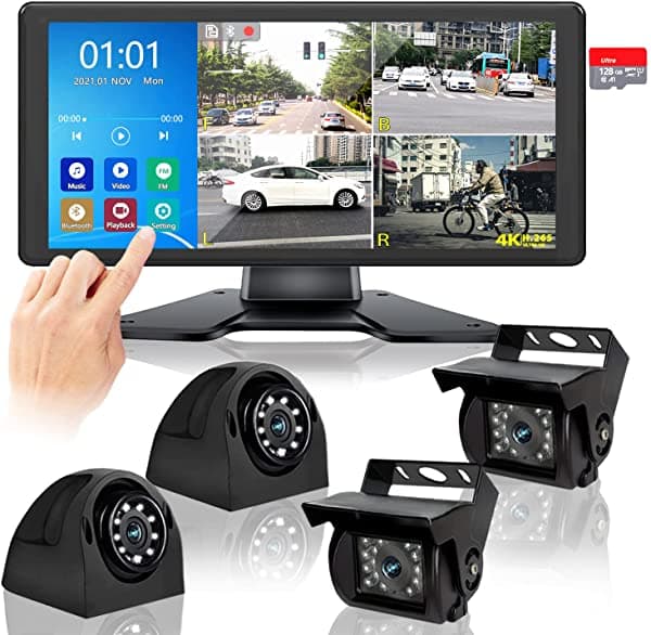 DOUXURY 2024 Sistema de Camara de Retroceso para RV, Camion, Omnibus y Trailer con Monitor 10.36" 4K, 4 Camaras HD, Pantalla Tactil, DVR, IP69, Bluetooth The 2022 Latest Version
