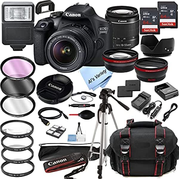 Canon Eos 2000D (Rebel T7) Cámara Dslr Con Ef-S De 0.709-2.165 In F/3.5-5.6 Zoom + Memoria De 128 Gb + Estuche + Trípode + Filtros (Paquete De 36 Piezas)