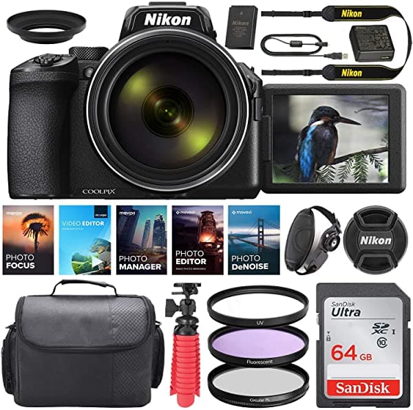 Nikon Coolpix P950 Camara Digital || Lente 24-2000mm || 16 MP || Wi-Fi Integrado || Reduccion de Vibracion + Kit Especial con Tarjeta de Memoria de 64GB Tripode Spider Paquete de Edicion Foto/Video y Mas