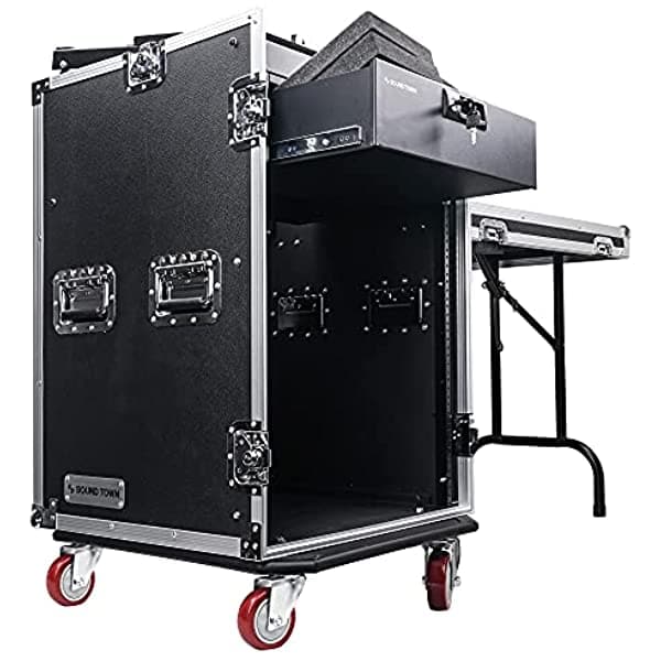 Sound Town Funda Ata De Audio Pa Dj Pro De 16U Con Mezclador Inclinado De 11U Cajón De Bloqueo Mesa Auxiliar Profundidad De 20 Pulgadas Y Ruedas Grado Pro Tour (Stmr-16Td3)