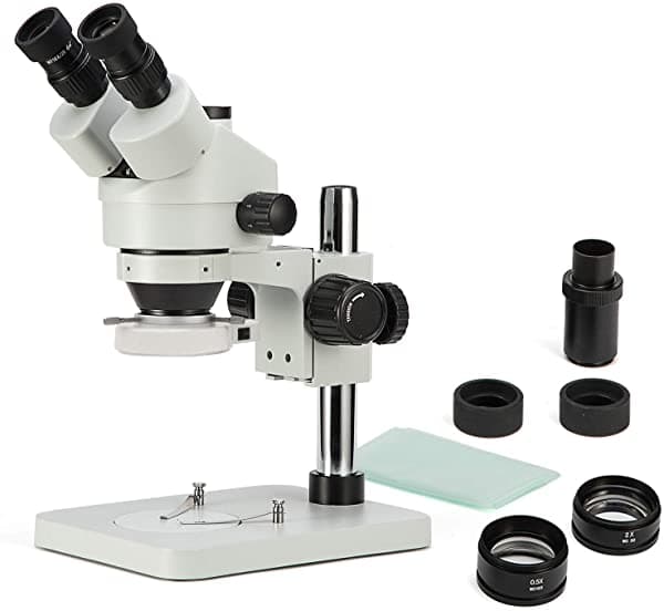 SWIFT Microscopio Estereo Trinocular con Zoom con Luz LED Anular 56 Lamparas, Aumento 3.5X-90X, Oculares WF10X, Zoom 0.7X-4.5X, Soporte Pilar Mesa