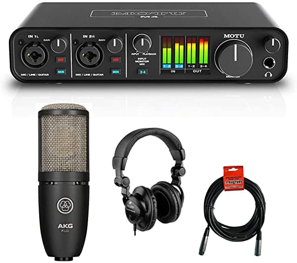 MOTU Interfaz de Audio USB M4 4x4 con Microfono Condensador AKG Project Studio P220 Auriculares HPC-A30 Monitor de Estudio y Paquete de Cable XLR