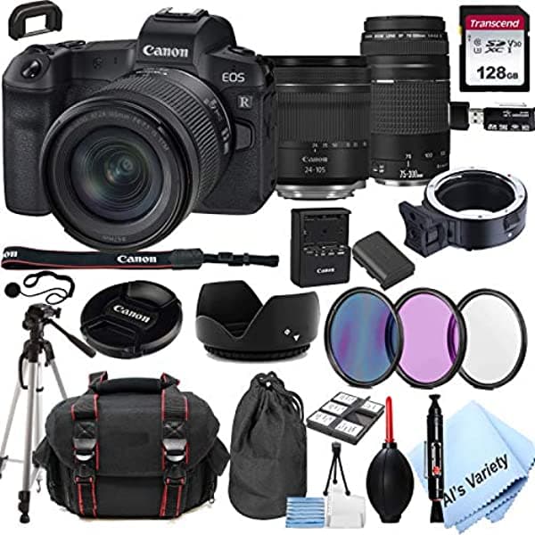 Canon Eos R Cámara Digital Sin Espejo Con Lente De 0.945-4.134 In F/4-7.1 + Lente De 2.953-11.811 In F/4-5.6 Iii + Memoria De 128 Gb + Funda + Filtros + Trípode (Paquete De 26 Piezas)