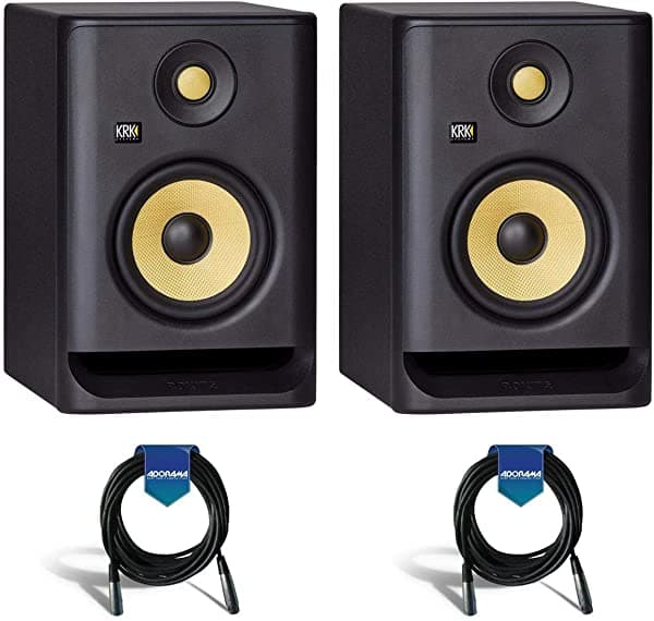 KRK Pack de 2 Rokit 5 G4 5" - Monitor de estudio activo near-field, respuesta de frecuencia 43Hz-40kHz, negro - con pack de 2 cables de micrófono XLR de caucho de 20' y 0.236 in