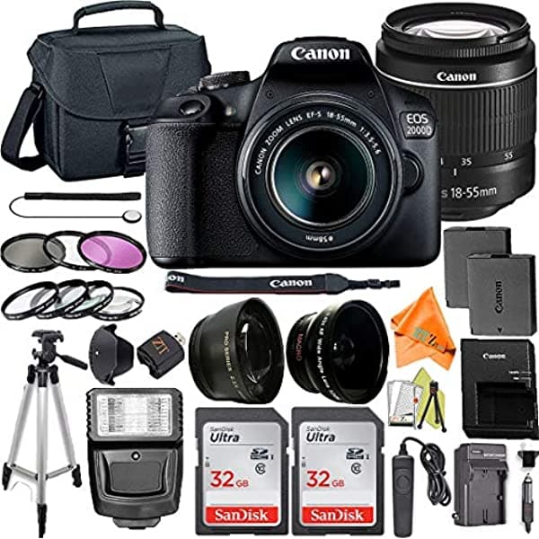 Canon Eos 2000D / Rebel T7 Cámara Réflex Digital De 241 Mp Con Lente De Zoom De 0.709-2.165 In + Paquete De Accesorios Zeetech Paquete De 2 Tarjetas De Memoria Sandisk De 32 Gb Teleobjetivo Y Lentes Gran Angular Flash Trípode