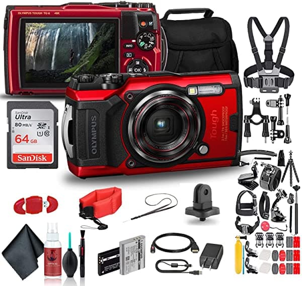 Olympus Tough Tg-6 - Cámara Impermeable (Rojo) - Paquete De Acción - Con Kit De Accesorios De 50 Piezas + Batería Adicional + Correa Flotante + Tarjeta De Memoria Sandisk Ultra De 64 Gb + Funda Acolchada + Más V104210RU000